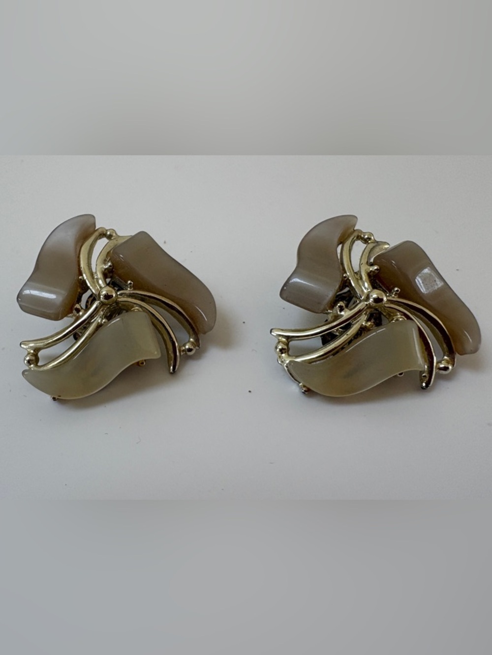 Gold-Tone Beige Resin Petal Clip-On Earrings